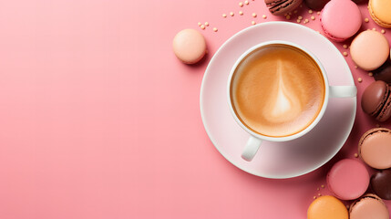 Cup of coffee cappuccino, Valentine's day background banner . White cup of coffee, pink beige chocolate macaroons on pink background. Romantic backdrop. Copy space,  Valentine day Mother day, Easter 