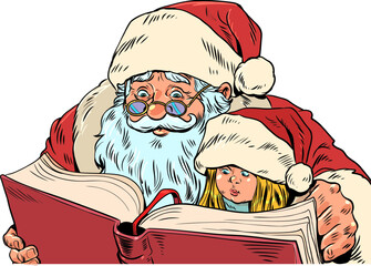 Spending Christmas with loved ones. Santa Claus is reading a book to a little girl. Seasonal sales for bookstores and markets. Pop Art Retro