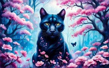 The Black Panther. Fantastic landscape in pink and blue tones.. Watercolor. AI	
