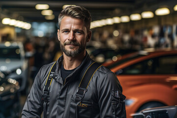 Obraz premium A man standing in front of a bunch of cars in in professional car repair service.