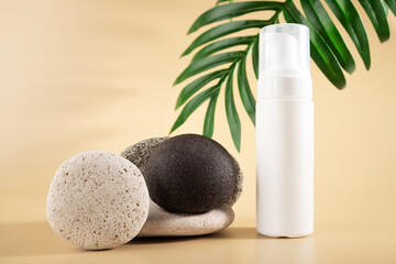 Fototapeta na wymiar Konjac facial sponge and foam for washing, eco-friendly and organic cleansing products