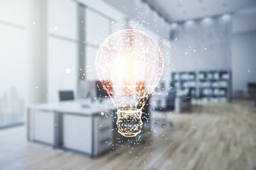 Virtual Idea concept with light bulb illustration on a modern furnished office background. Multiexposure