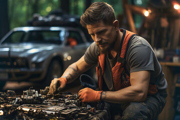 A man working on a car in a garage. - obrazy, fototapety, plakaty