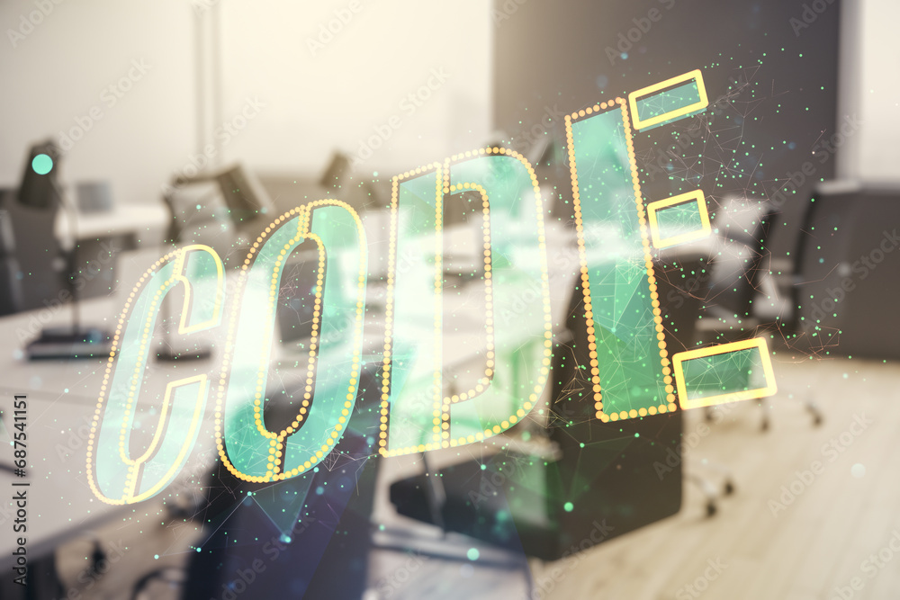 Poster code word hologram on a modern furnished classroom background, international software development co
