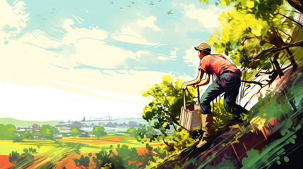 Gardener with a bag on the background of the landscape.