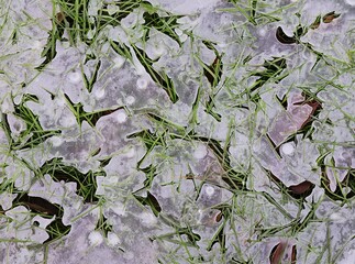 Ice layer over the green grass. Top view. Freezing temperature in nature in winter. Background.
