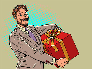 Delivery of gifts all over the world from a trusted company. A man in a suit holds a big red gift. Christmas holidays and preparation for them. Pop Art Retro