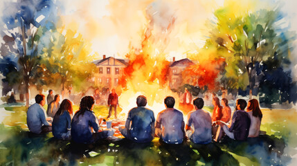 Group of people sitting in the park on a sunny day, watercolor painting.