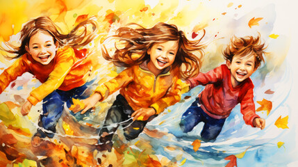 Obraz na płótnie Canvas Children jumping in the autumn park. Watercolor painting on paper.