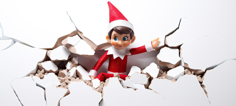 Toy elf breaking through white wall advertising banner copy space 