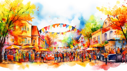 Colorful watercolor painting of people walking in the city street.