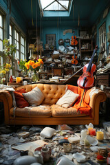 A messy and tidy living room with all kinds of things scattered on the floor. Ð’ots of clutter.