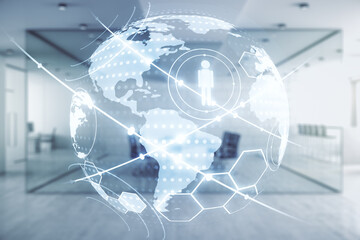 Virtual social network media hologram and world map on a modern furnished classroom background. Double exposure