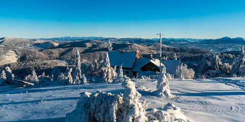 View from Velka Raca hill in Kysucke Beskydy mountains during winter