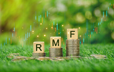 Rows of money coins stacks with RMF word on wooden cube and candlestick charts in the garden...