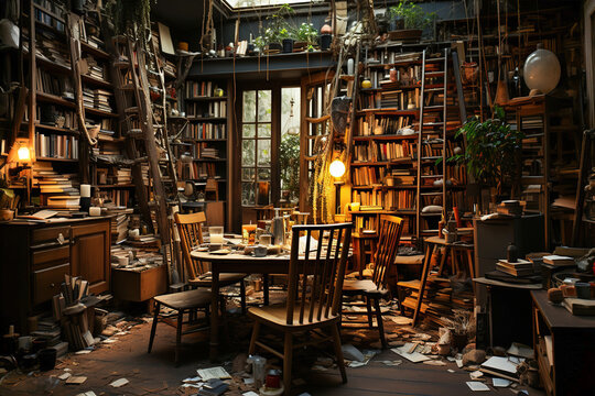 A messy and tidy Dining room with all kinds of things scattered on the floor. &ETH;&rsquo;ots of clutter.