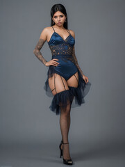 Beautiful mexican carnival dancer in a dark blue dancing dress on an isolated background