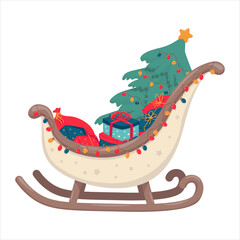 Santa Claus sleigh with gifts. Flat vector illustration isolated on white background.