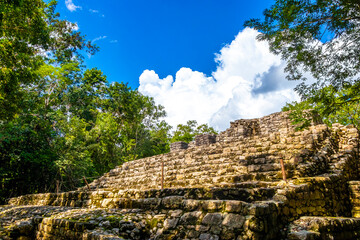 Fototapeta premium Coba Maya Ruins pyramids and ball game tropical jungle Mexico.