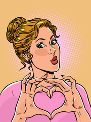 Giving love is most important. The girl shows her heart with her hands. The company supports and respects its customers. Pop Art Retro