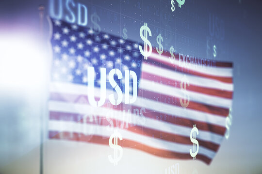 Virtual USD symbols illustration on USA flag and sunset sky background. Trading and currency concept. Multiexposure