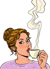 The girl is holding a cup with a hot drink. Advantageous offer for customers in cafes and restaurants. Seasonal discounts on coffee during cold times. Pop Art Retro