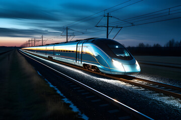 A high speed modern train illuminated with neon lights moving in the countryside at night