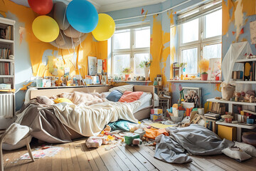 A messy and tidy child's bedroom with all kinds of things scattered on the floor.