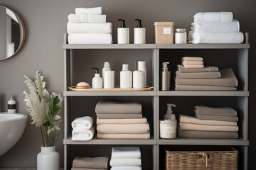 Shelves in a modern bathroom with neatly arranged towels and cosmetics, space organization and tidy up concept - obrazy, fototapety, plakaty