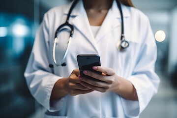 A doctor holds a smartphone in his hand and talks to his patient via video communication, the concept of telemedicine and online medicine - obrazy, fototapety, plakaty