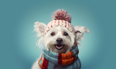 Funny anthropomorphic humanized white dog wearing a bright scarf and a knitted cap on a blue background