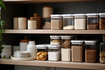 Kitchen cabinet shelves with neatly arranged containers with groceries and dishes, space organization and storage concept