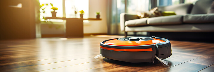 Robot vacuum cleaner on the floor in the modern living room close-up