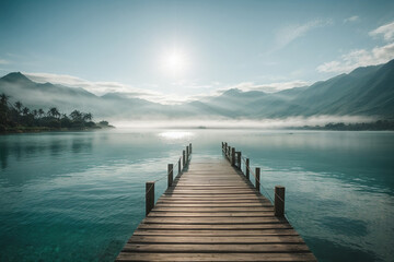 Lakeside Beauty with Misty Mountains and Tranquil Pier