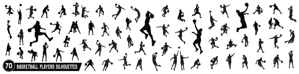 Male, female, and children's basketball players silhouettes - obrazy, fototapety, plakaty