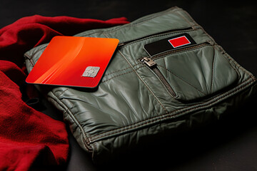 Small bag and a credit card on it. Blank mockup of card.