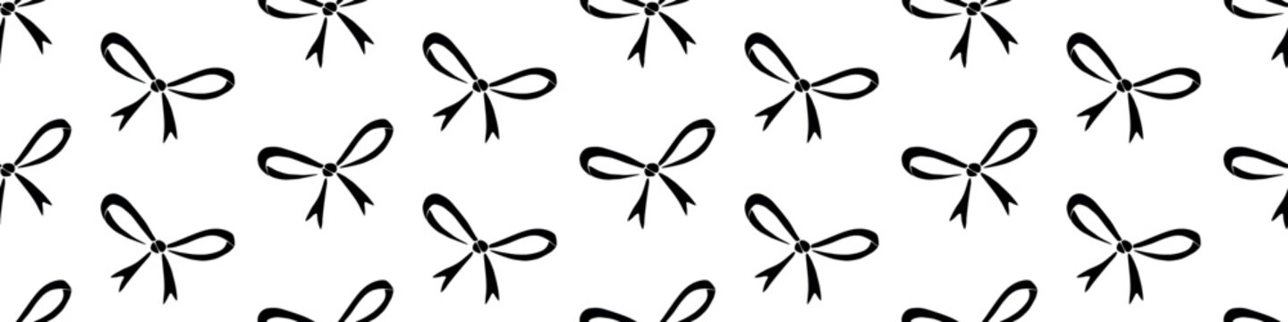 Seamless pattern with small black flat bows, ribbons. Cute fun simple abstract vector background, texture for fabric, wrapping paper, girls design