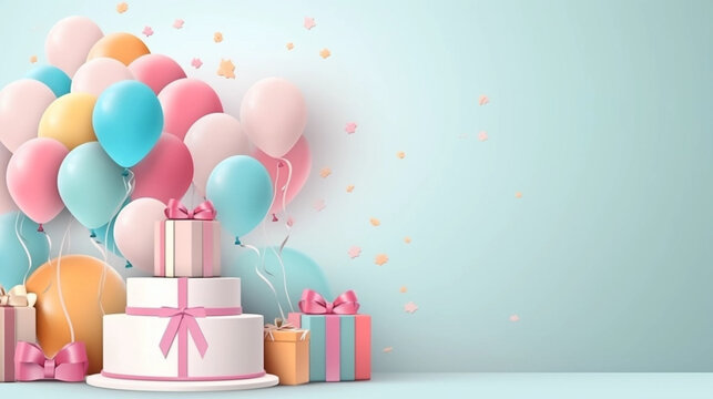 copy space, Happy birthday text vector design. Birthday party elements like cake, hat and balloons in pastel color background. Beautiful design in pastel colors for birtday card, birthday invitation, 