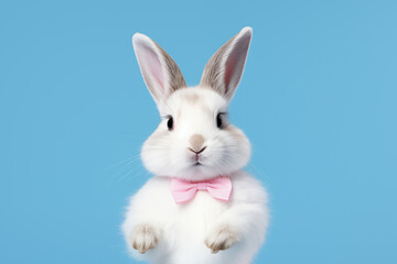 Funny white rabbit in a pink bow tie on a blue color background close-up. Holiday greeting concept