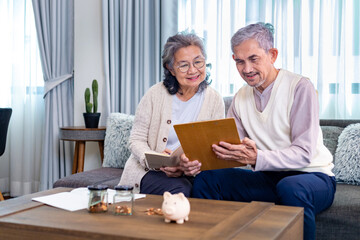 Senior Asian couple is planning on retirement saving fund looking at their income and expense and...