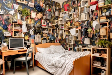 A messy and tidy teenage boys bedroom with all kinds of things scattered on the floor.