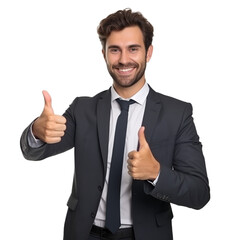 A handsome man in suit shows the thumbs up gesture, isolated on transparent background, PNG file
