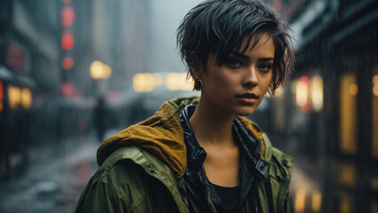 Realistic girl with short black hair in a jacket against the background of the city and rain, close look