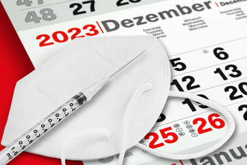 Deutscher Kalender Dezember 2023 und Januar 2024 mit Maske und Impfung