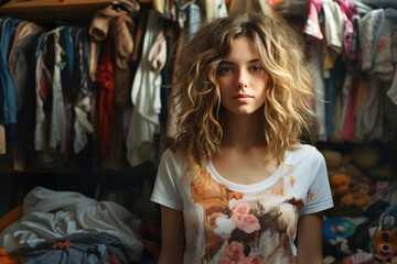 Teenage girl in her bedroom. Messy and untidy room with all kinds of things scattered on the floor. Full of mess in the room.