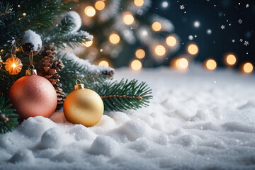 Fototapeta na wymiar Fir tree and decorations with christmas light behind, Christmas Holiday background with snow.