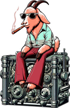 handsome goat sitting on a vintage radio