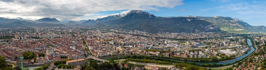Fototapeta na wymiar Scenic aerial panoramic view of Grenoble city, Auvergne-Rhone-Alpes region, France. 
