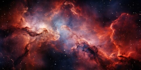 Fototapeta premium A close-up of a deep red nebula with swirling dust and glittering stars.