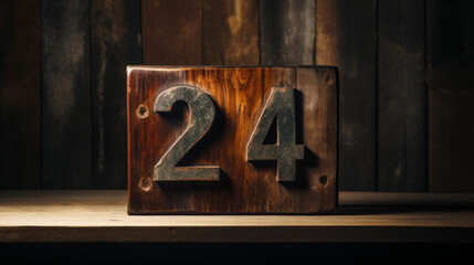 a wooden block with numbers carved into it. The number 24. Rustic and homely. Street number